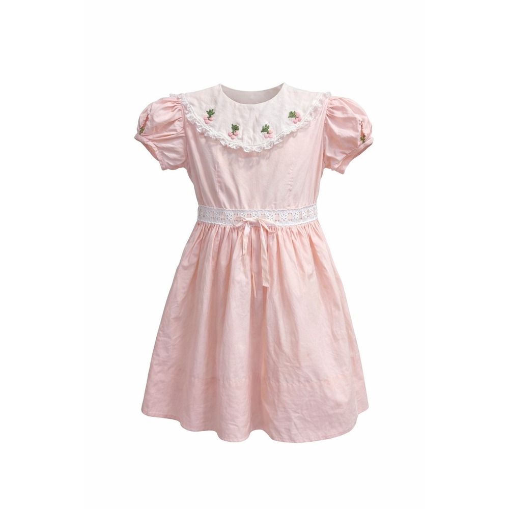 Vtg Girl Pale Pink Dress 3t 4t Puff Sleeve Lace Embroidered Collar Party Wedding